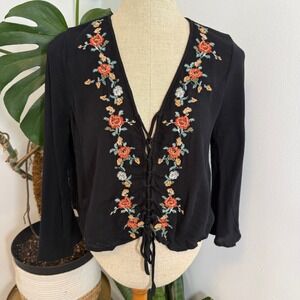 American Eagle Black Embroidered Floral Lace Up V Neck‎ Long Sleeve Top M